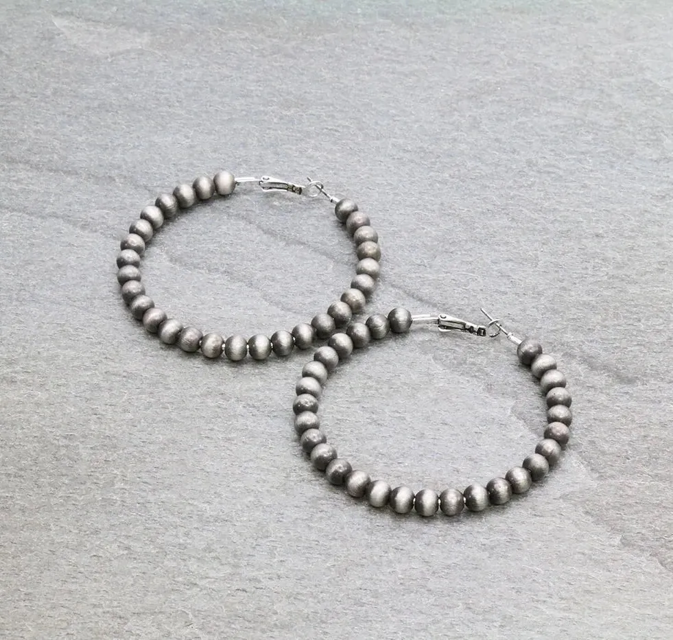 2" Silver Navajo Pearl Beaded Hoop Earrings