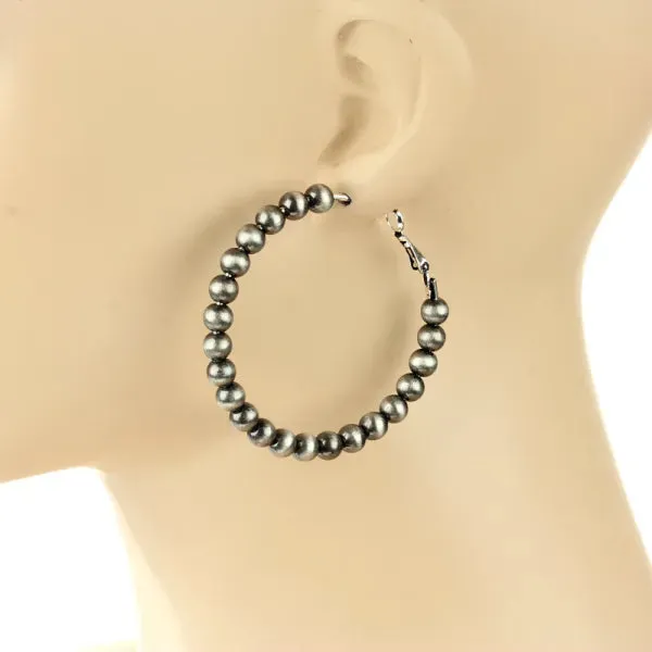 2" Silver Navajo Pearl Beaded Hoop Earrings