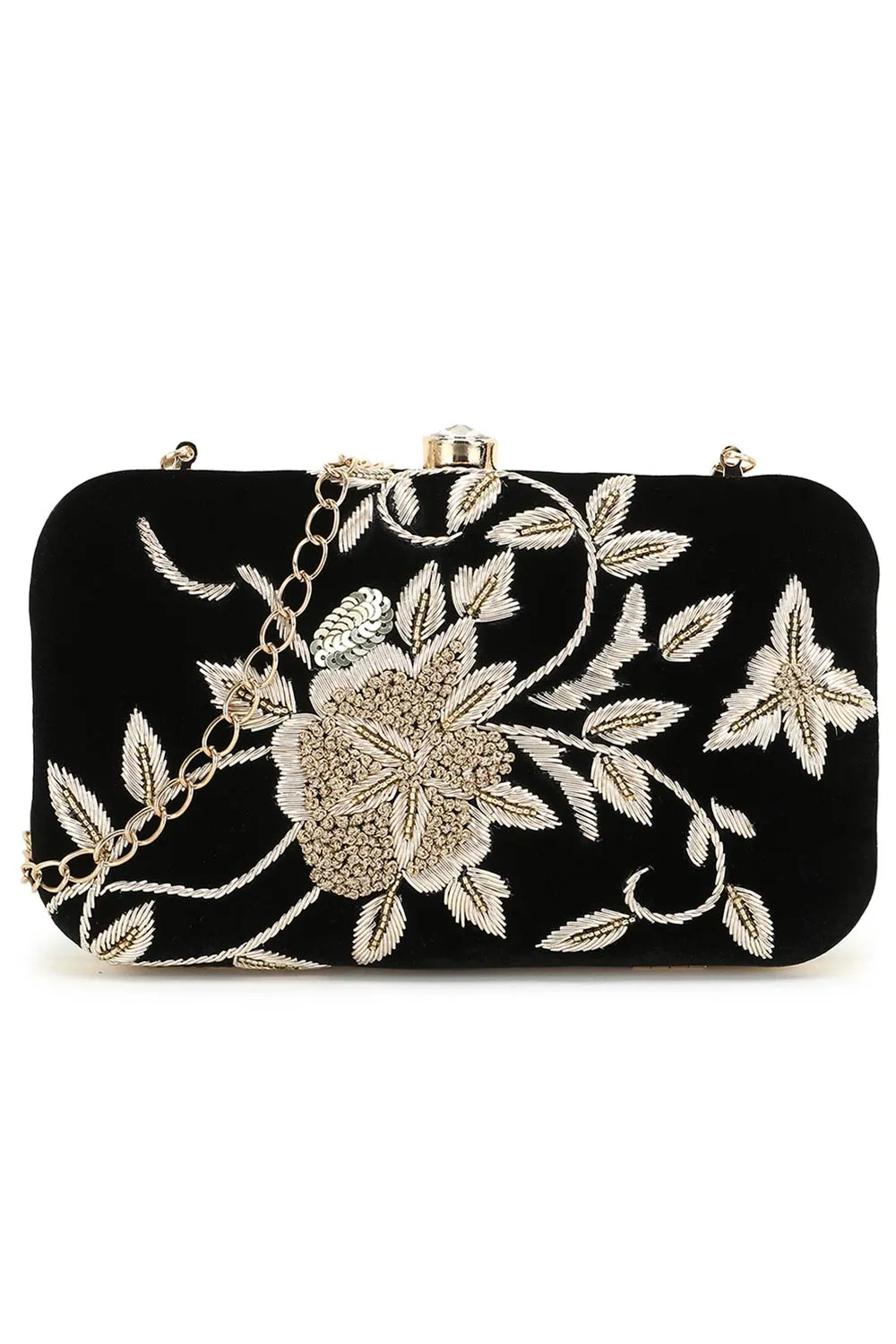 Adorn Black & Gold Floral Embellished Velvet Clutch