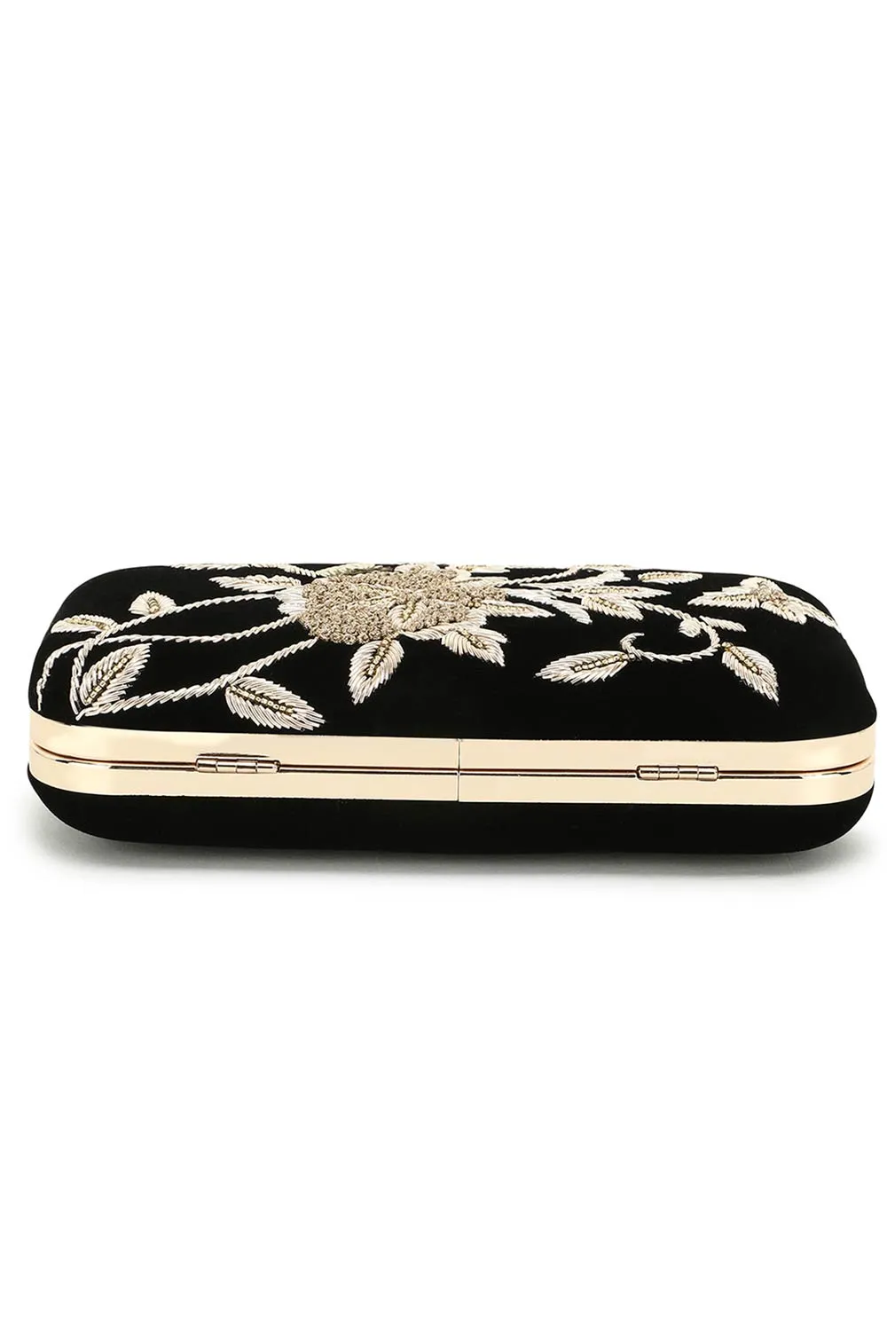 Adorn Black & Gold Floral Embellished Velvet Clutch