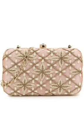 Adorn Pastel Pink & Gold Embellished Faux Silk Clutch