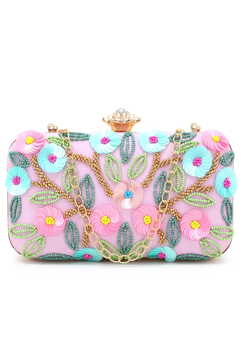 Adorn Pink & Multi Faux Silk Floral Sequinned Clutch