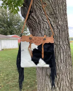 American Darling Black Cowhide w/ Tooled Trim & Fringe Shoulder Bag ADBGS113BKW