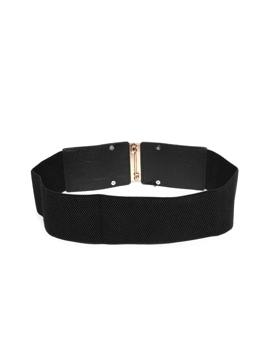 Berrylush Women Black Elastic Strap Fancy Double Buckle Belt