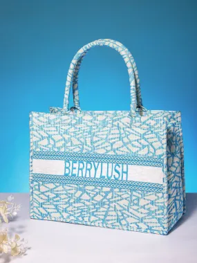 Berrylush Women Blue Self Design-Embroidered Tote Bag