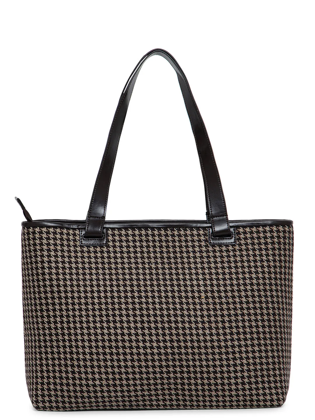 Berrylush Women Brown & Beige Houndstooth Printed Fabric Two-Handle Zipper-Up Tote Bag