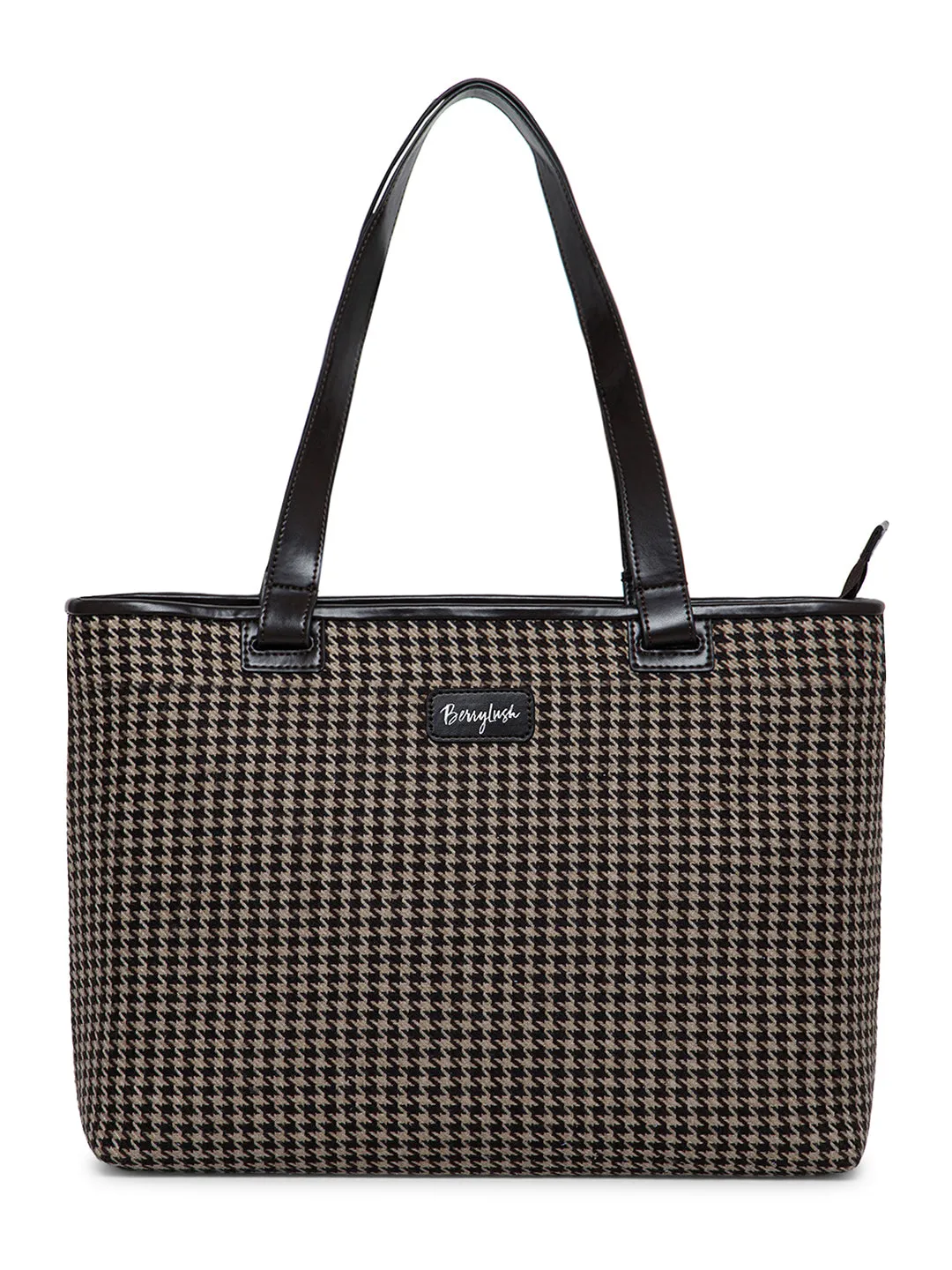 Berrylush Women Brown & Beige Houndstooth Printed Fabric Two-Handle Zipper-Up Tote Bag