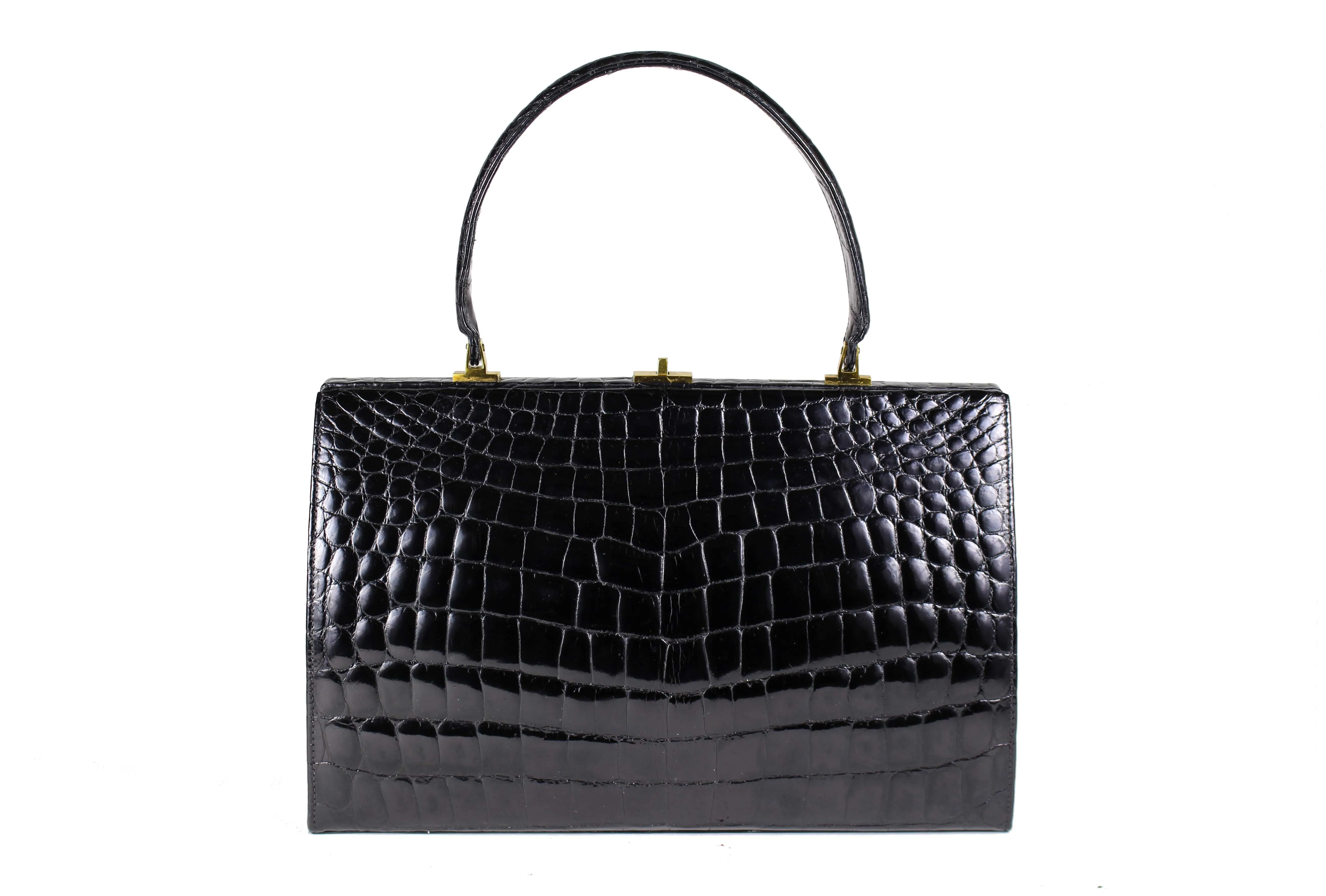 Black crocodile skin frame handbag