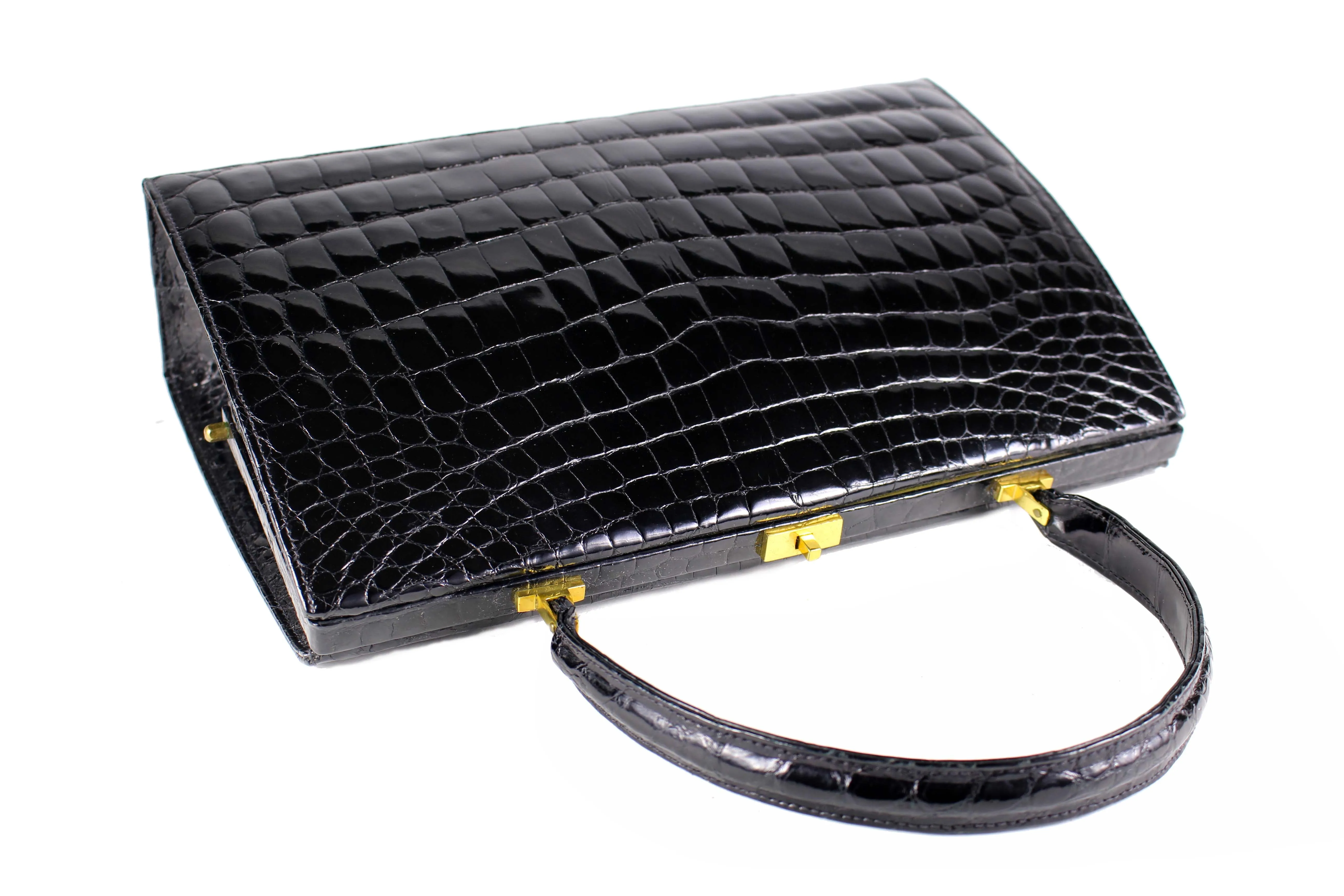 Black crocodile skin frame handbag