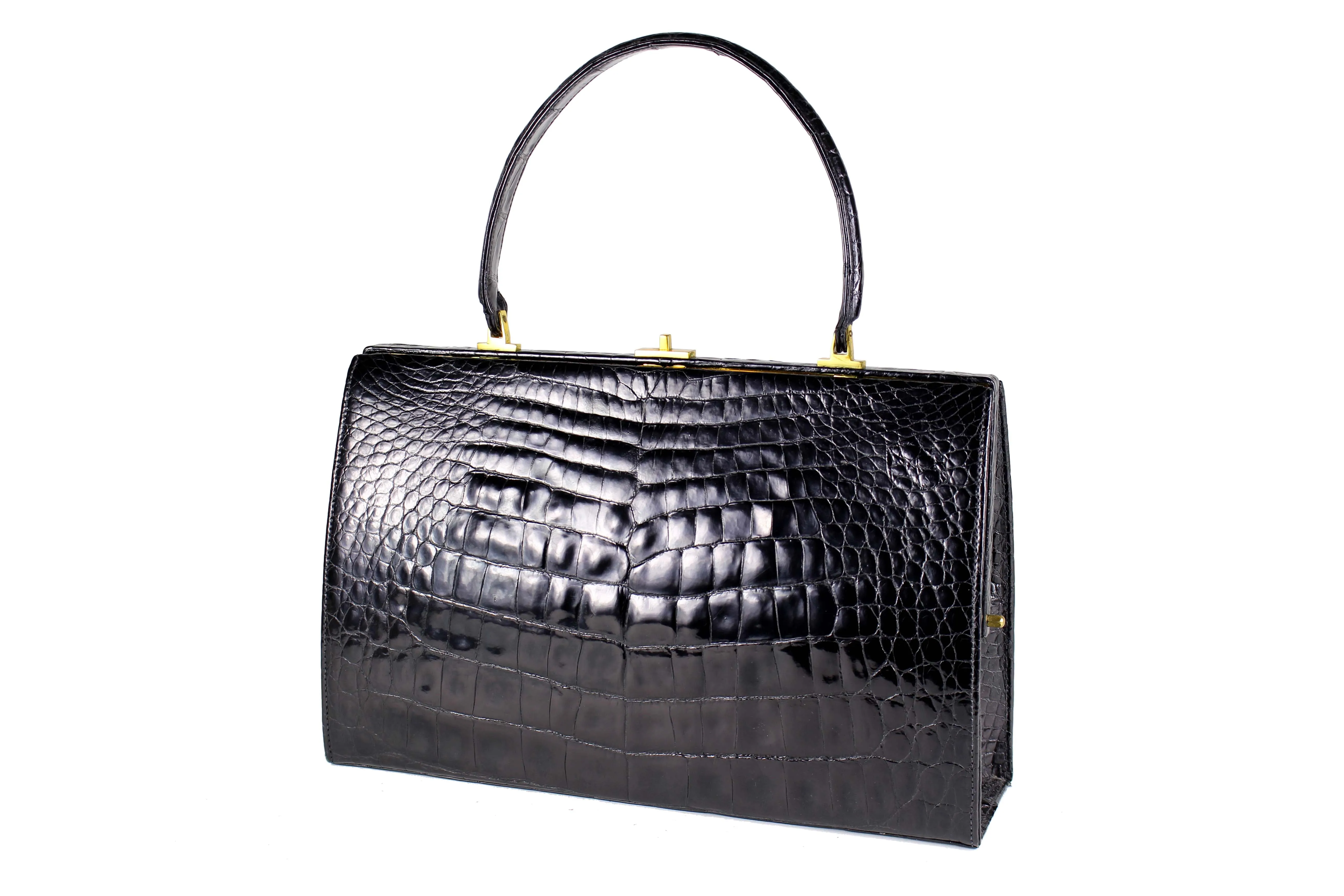 Black crocodile skin frame handbag