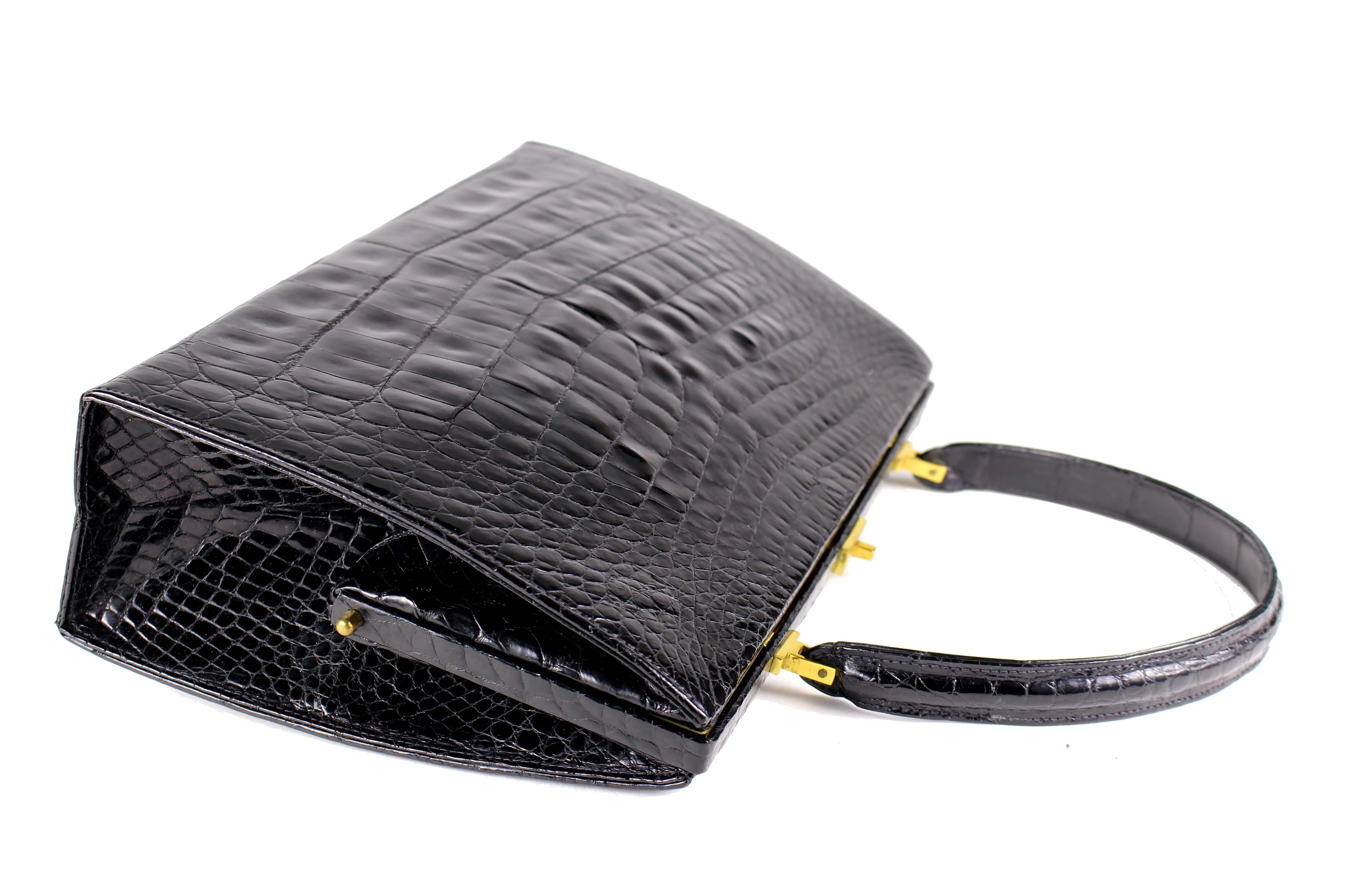 Black crocodile skin frame handbag