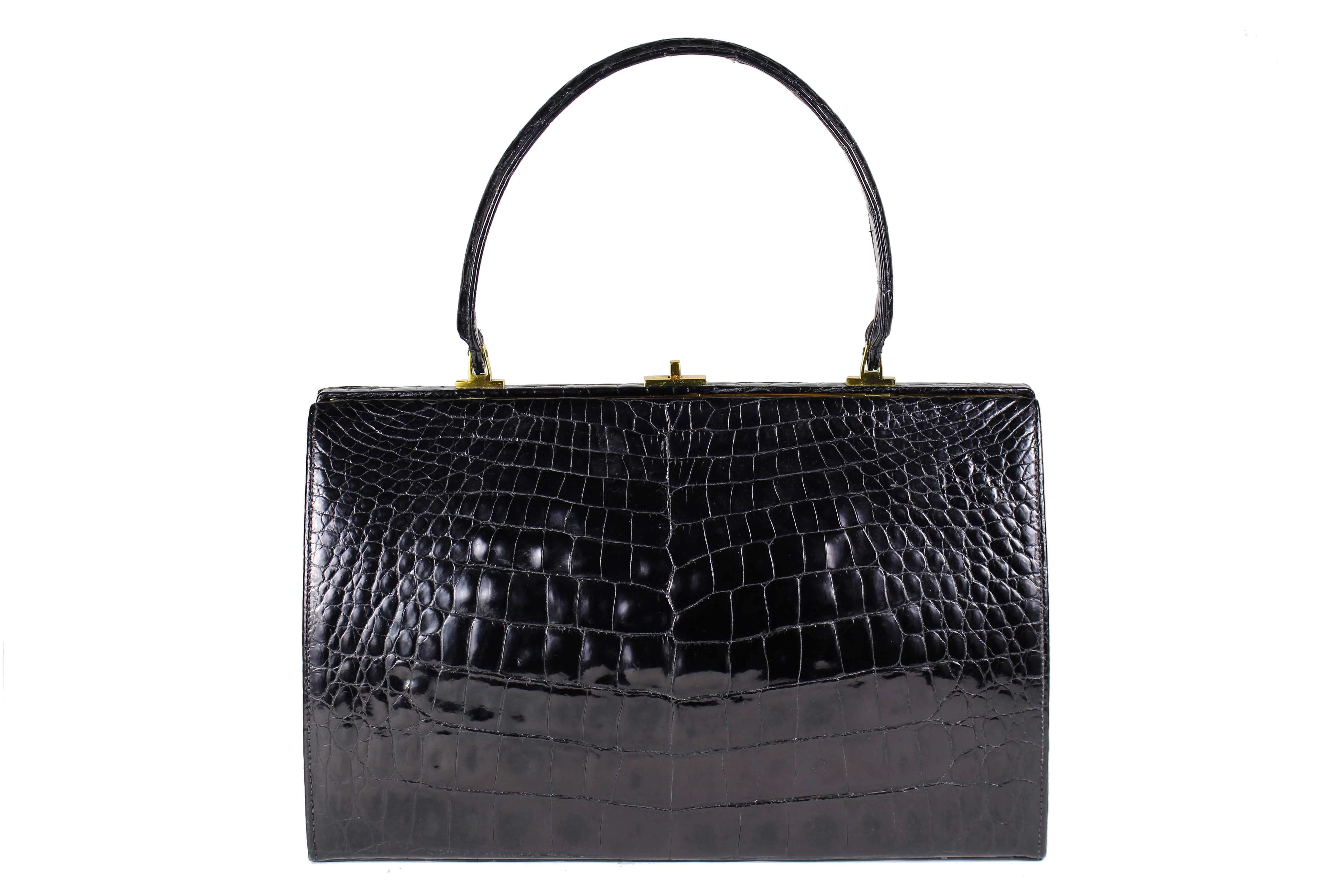 Black crocodile skin frame handbag