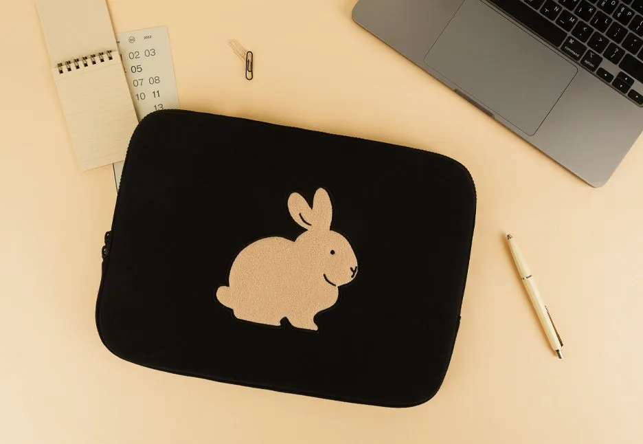 Black Gray Beige Rabbit Laptop Sleeves 11" for iPad 13" 15" inches Cases Protective Covers Purses Handbags Square Cushion Pouches Designer Artist Embroidery Artwork Prints School Collage Office Lightweight Inner Pocket