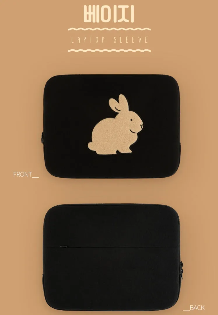 Black Gray Beige Rabbit Laptop Sleeves 11" for iPad 13" 15" inches Cases Protective Covers Purses Handbags Square Cushion Pouches Designer Artist Embroidery Artwork Prints School Collage Office Lightweight Inner Pocket