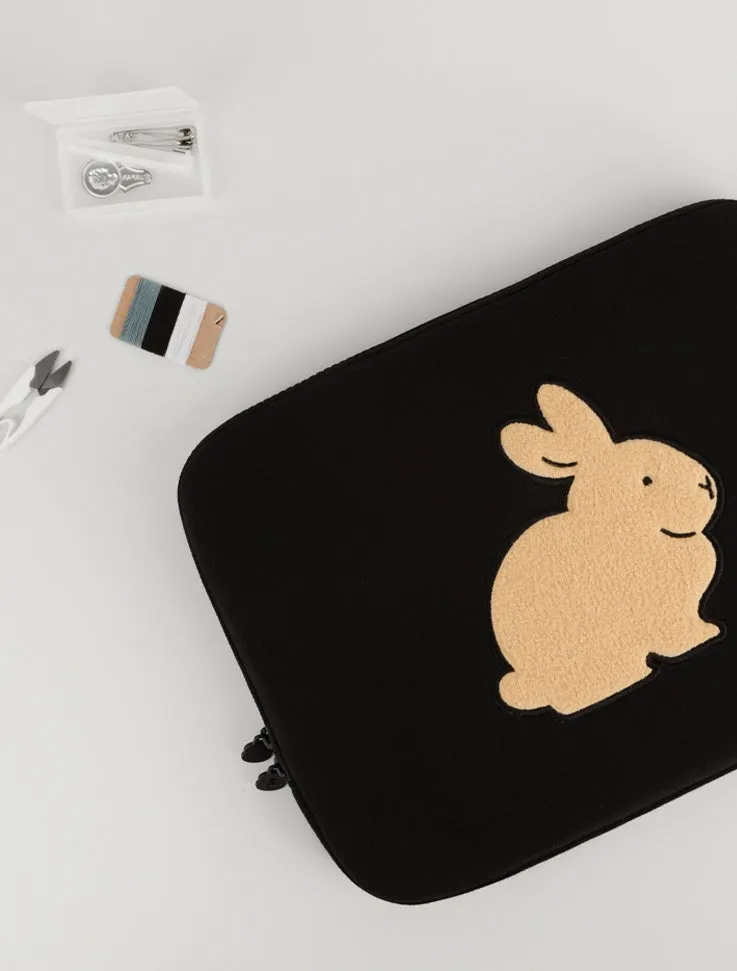 Black Gray Beige Rabbit Laptop Sleeves 11" for iPad 13" 15" inches Cases Protective Covers Purses Handbags Square Cushion Pouches Designer Artist Embroidery Artwork Prints School Collage Office Lightweight Inner Pocket