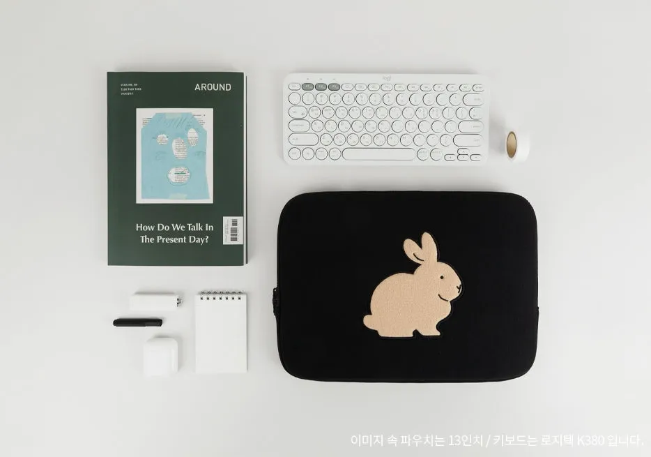 Black Gray Beige Rabbit Laptop Sleeves 11" for iPad 13" 15" inches Cases Protective Covers Purses Handbags Square Cushion Pouches Designer Artist Embroidery Artwork Prints School Collage Office Lightweight Inner Pocket