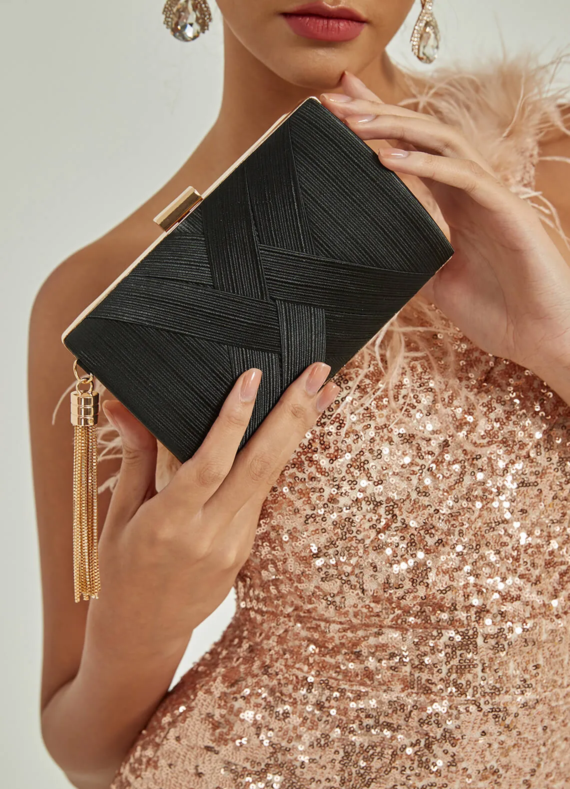 Black Pleated Evening Party Hand Clutch