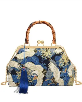 Blue Creamy Cranes Print Bamboo Handle Purse