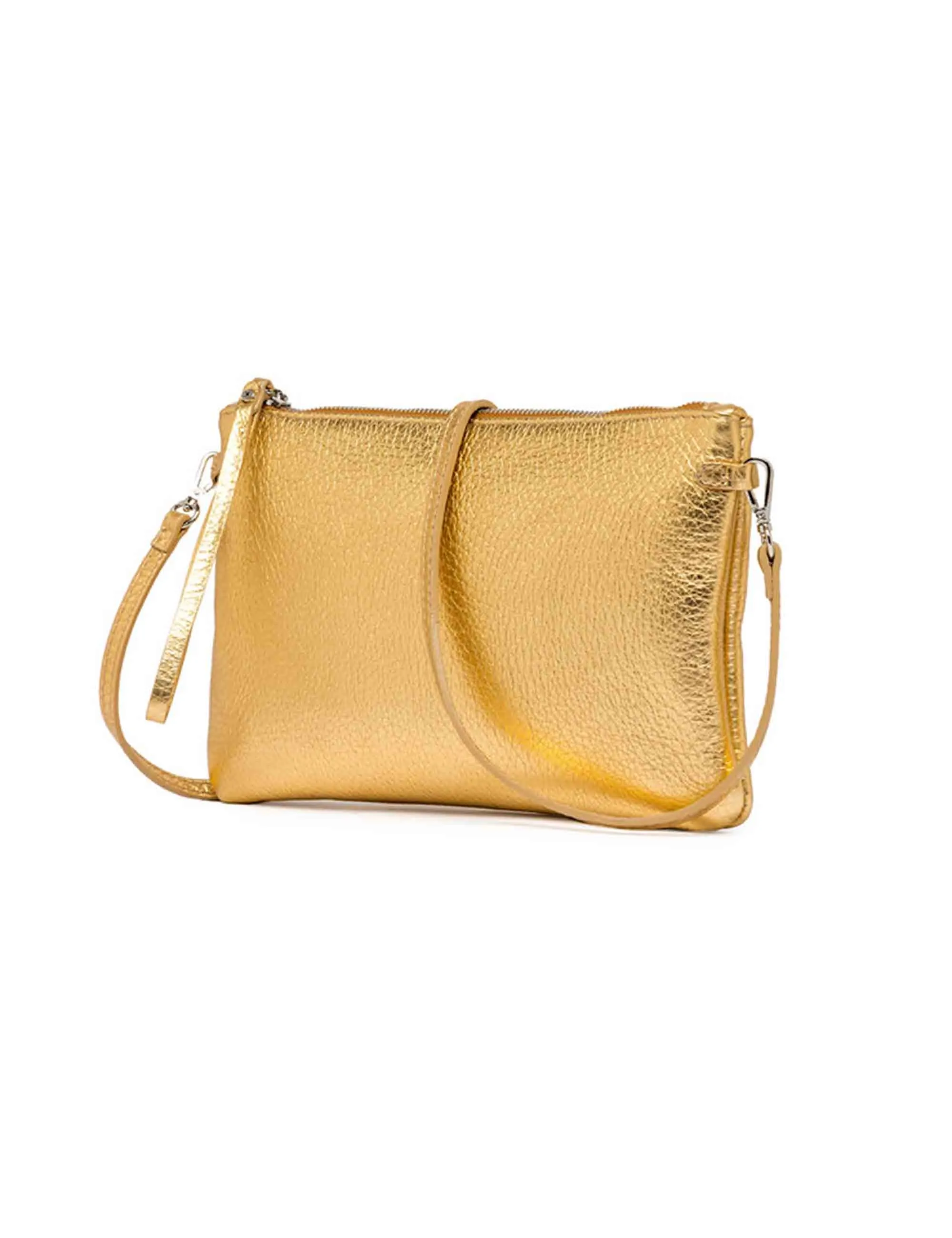 Borse donna pochette Hermy in pelle oro e naturale con manico a bracciale e tracolla