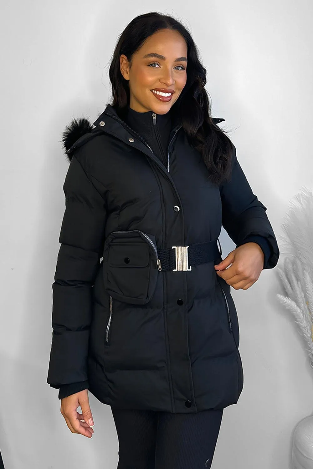 Faux Fur Hood Bag Belt Winter Jacket