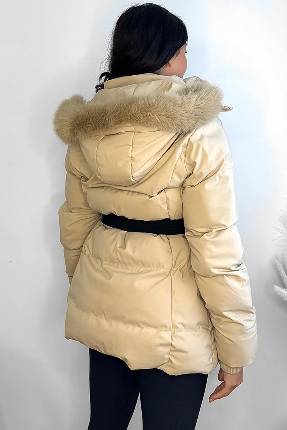 Faux Fur Hood Bag Belt Winter Jacket