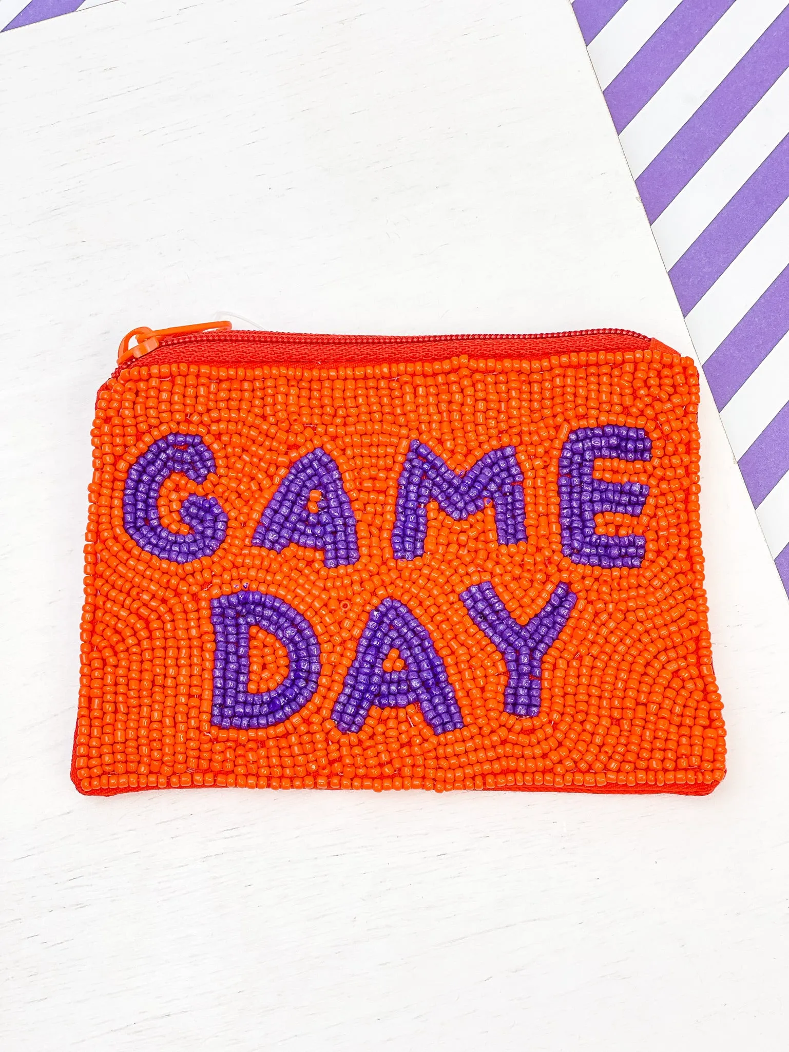 'Game Day' Beaded Zip Pouch - Orange & Purple