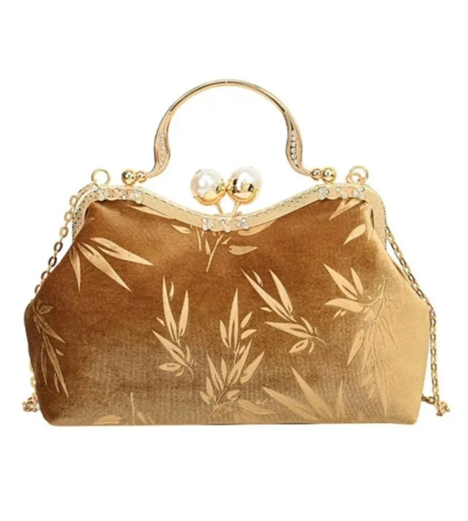 Gold Velvet Cherry Blossom Purse