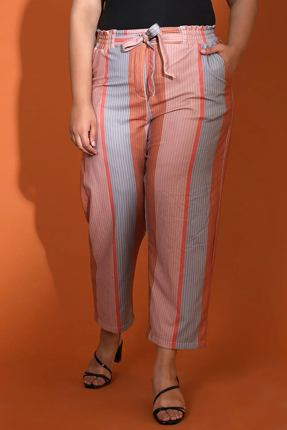 Grey Muted Rose Stripe High Waist Pants