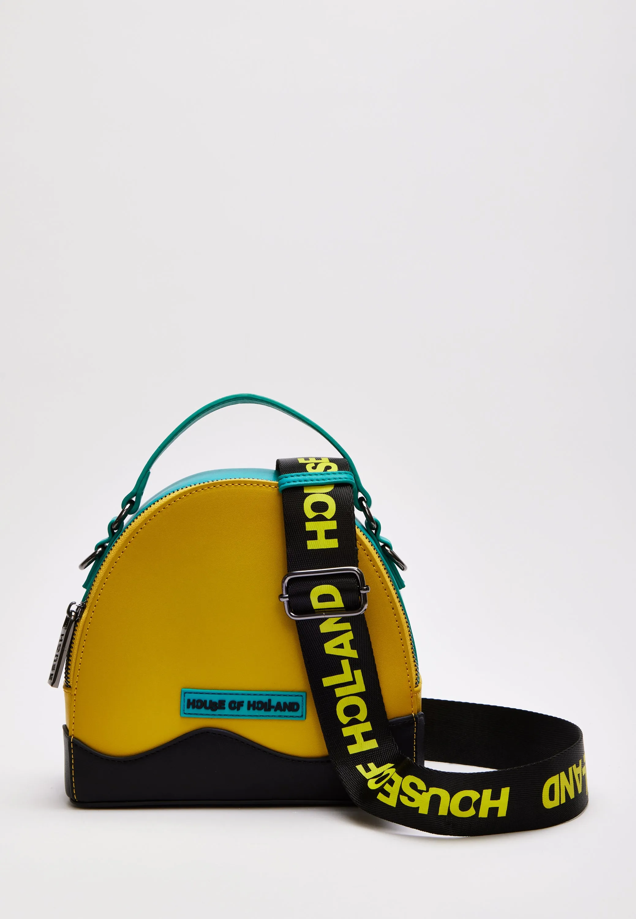 House Of Holland Cross Body Bag In Yellow, Black And Blue With Printed Logo