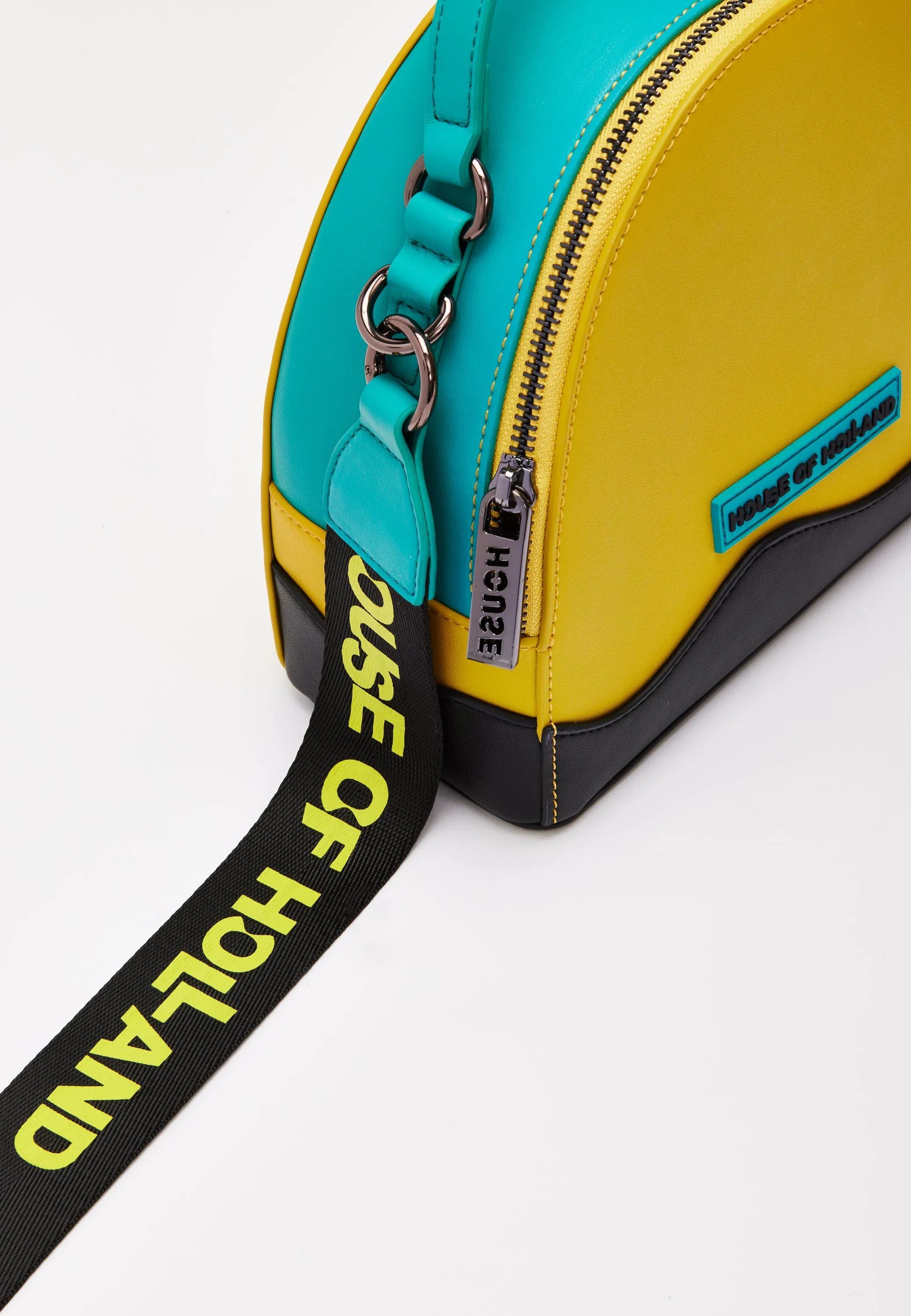 House Of Holland Cross Body Bag In Yellow, Black And Blue With Printed Logo