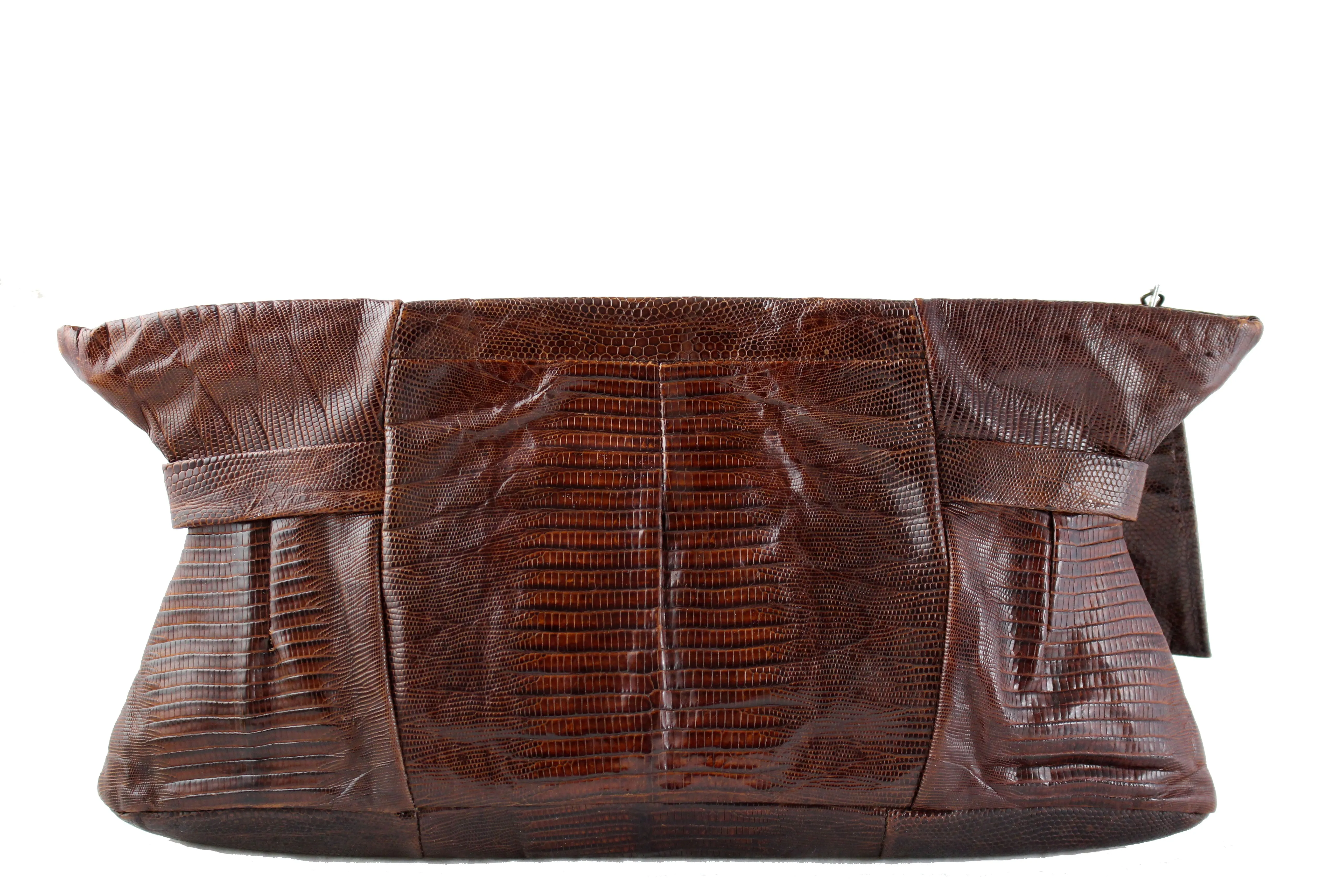 Large chocolate brown lizard handbag