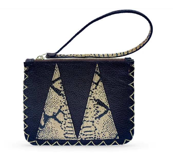 MARTE EGELE VIVIAN FLAT POUCH, Handwoven Cross Stitch Edges Fully lined in Suede