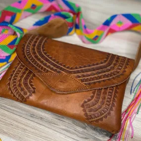 Mexican Leather Envelope Crossbody Bag - Hand Tooled