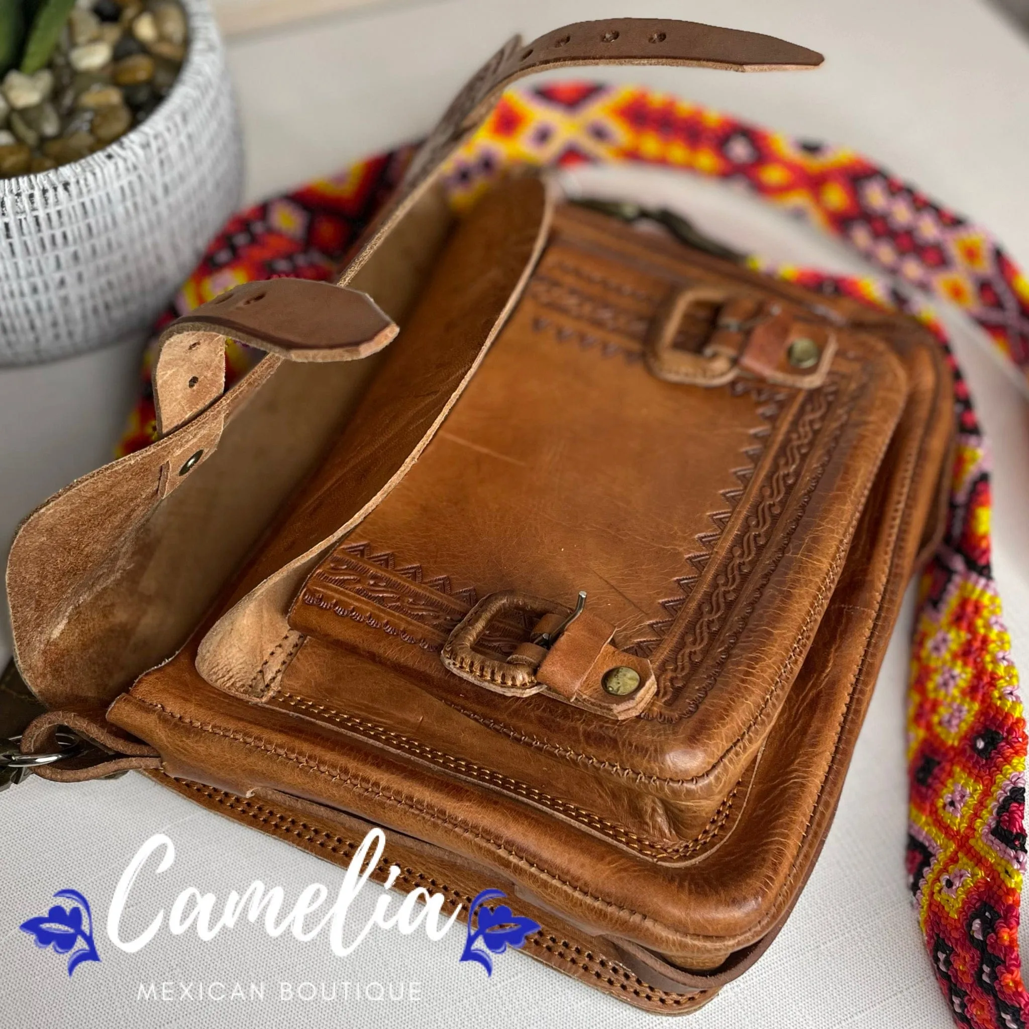 Mexican Leather Mini Portfolio Crossbody Bag - Hand Tooled