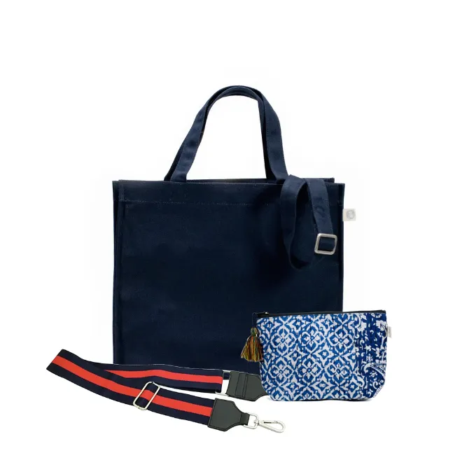 Navy Magazine Bag with Navy/Red Strap & Blue Boho Makeup Bag (Only $64, plus a FREE Strap   Makeup Bag with code: FALL64)